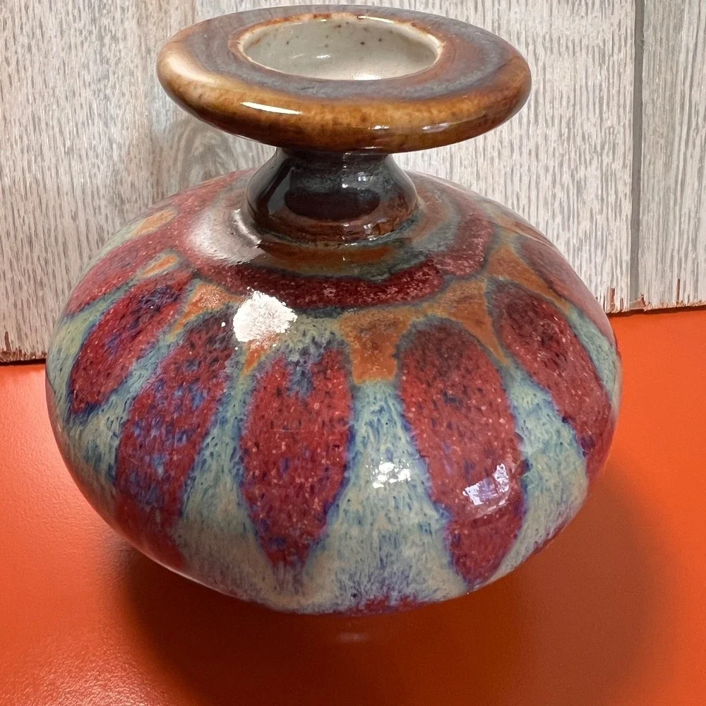 Quality‎ small pottery vase blues and pinks and teals, signed Vintage